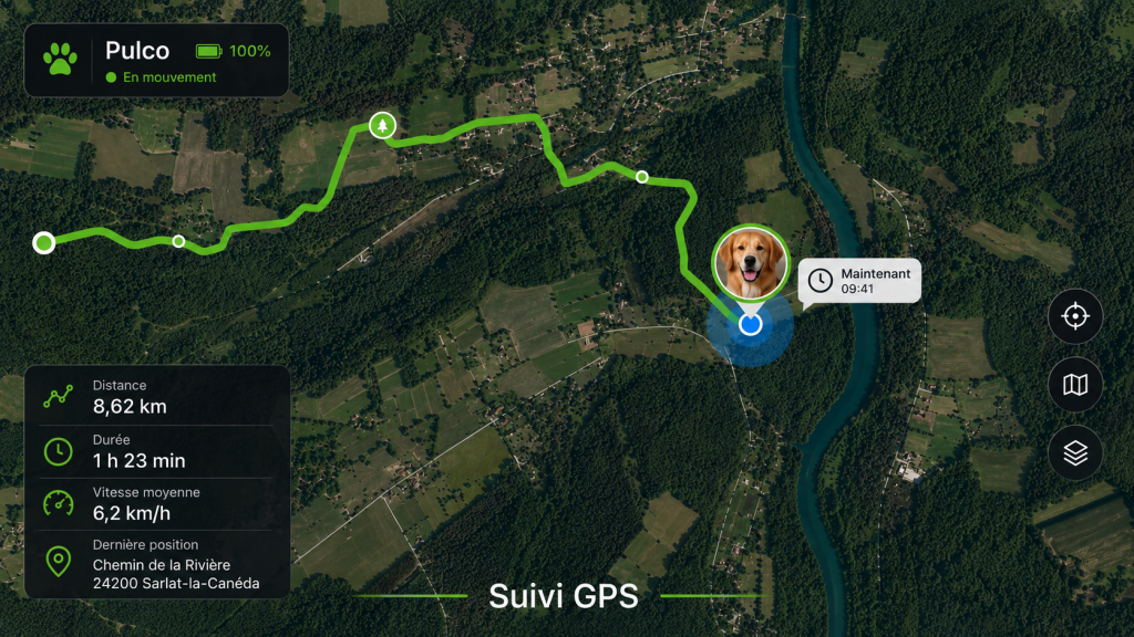 Application de suivi GPS montrant la dernière position connue d'un animal sur une carte