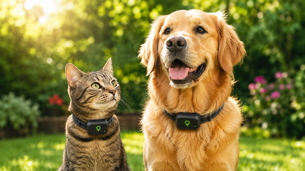 chien et chat cote a cote avec un collier GPS, en extérieur