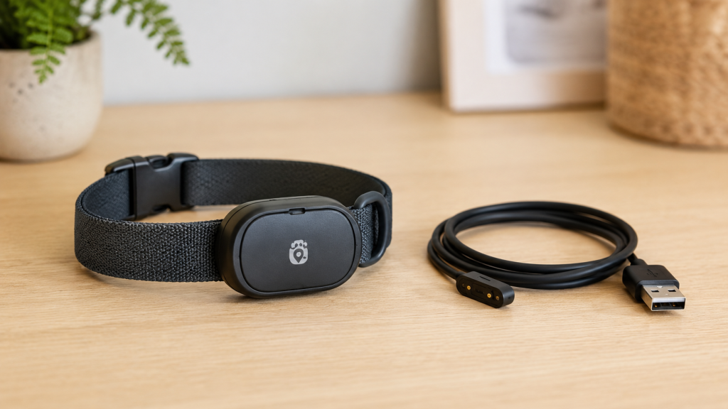 Collier GPS pour animal posé près de son câble de recharge