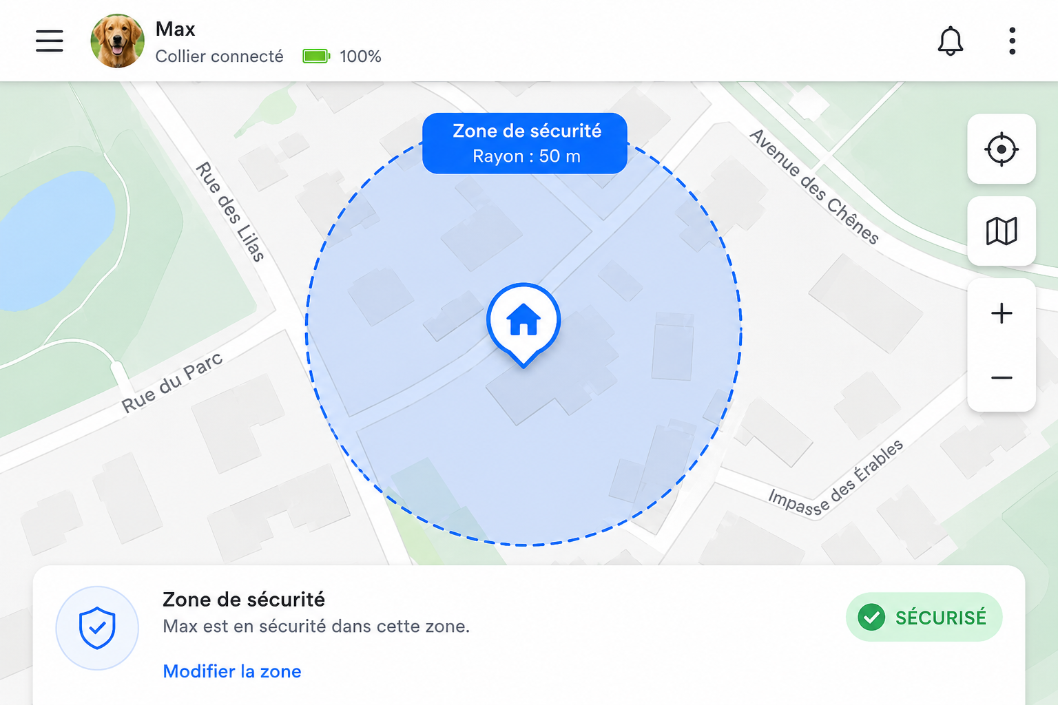 Zone de sécurité tracée autour d'une maison sur la carte d'une application de collier GPS
