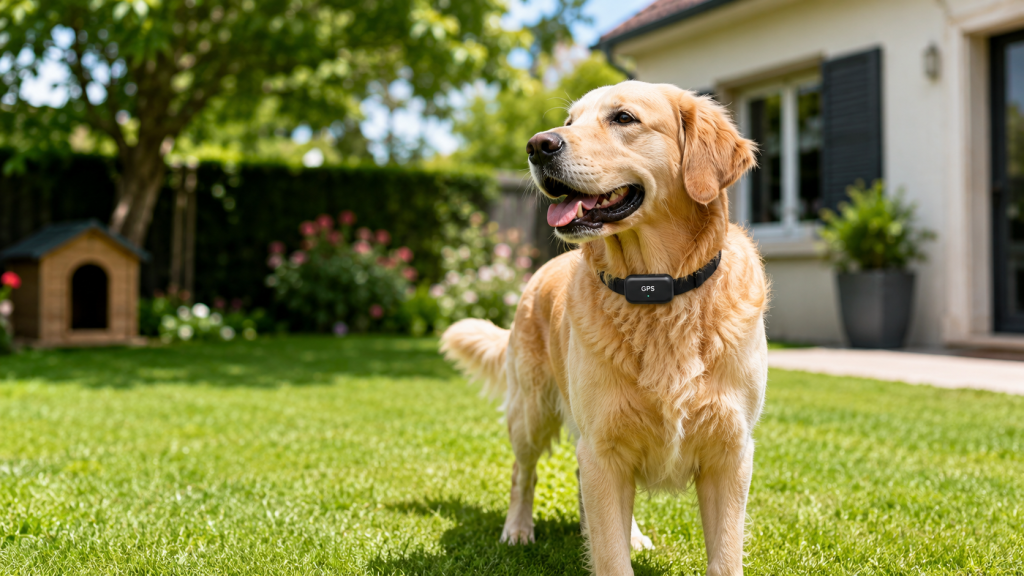Chien dans un jardin équipé d'un collier GPS