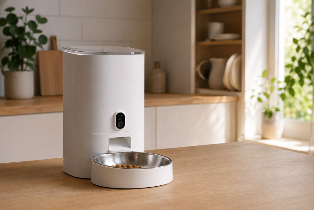 Distributeur de croquettes automatique pour chat posé dans une cuisine lumineuse