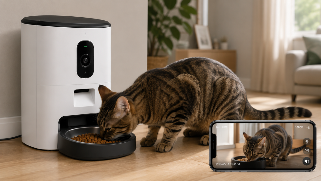Distributeur de croquettes avec caméra intégrée filmant un chat en train de manger
