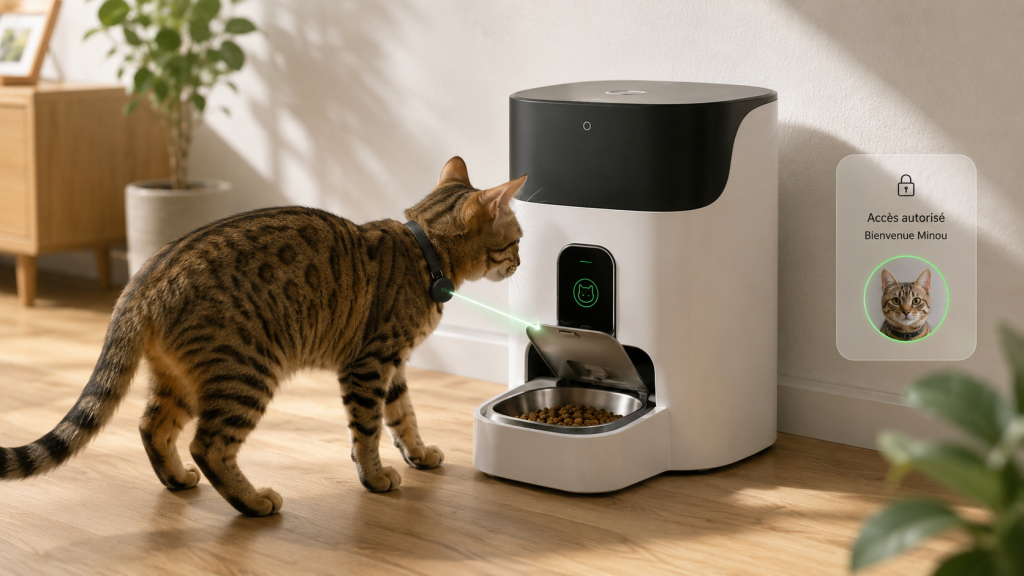 Chat devant un distributeur à puce électronique qui s'ouvre uniquement pour lui