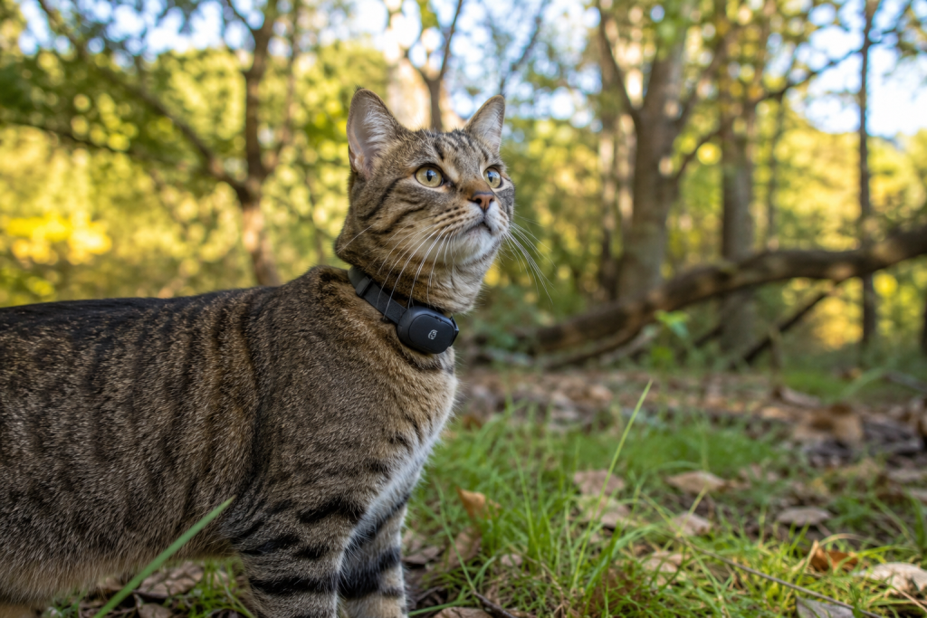 Chat portant un petit traceur GPS sans abonnement sur son collier