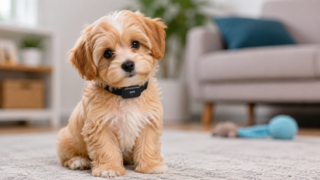 Chaton ou petit chien portant un collier avec traceur GPS