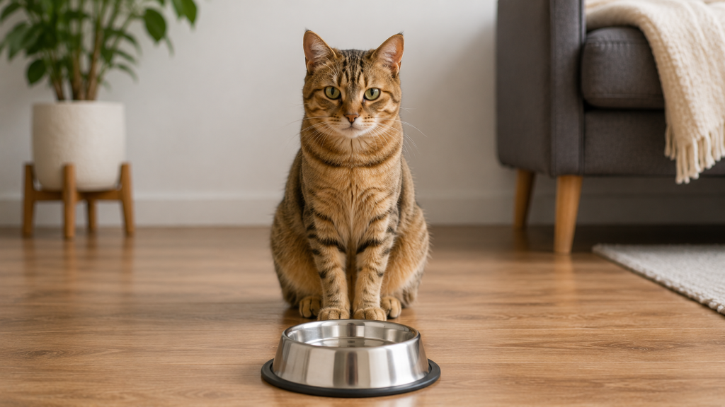 Chat assis devant sa gamelle, attendant son repas